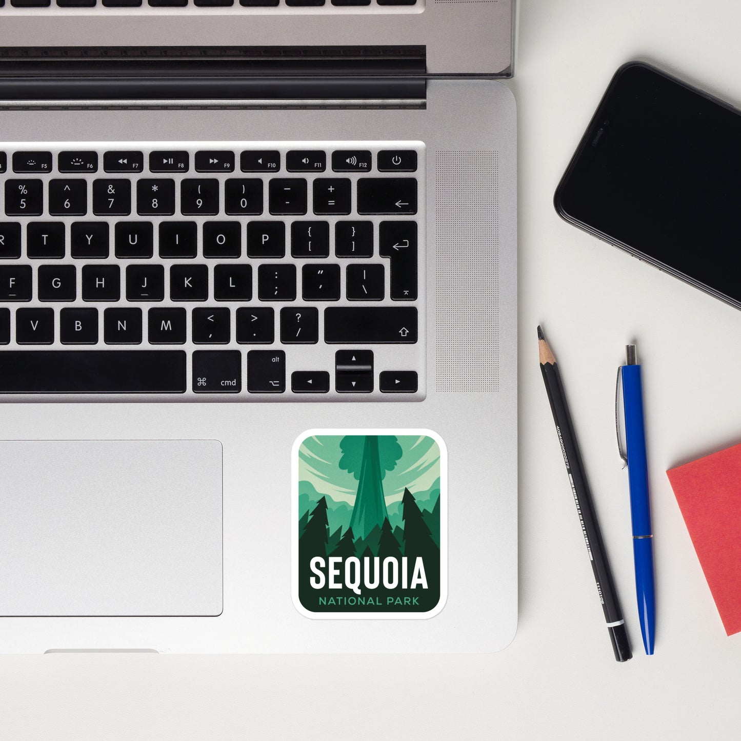 A sticker of Sequoia National Park on a laptop