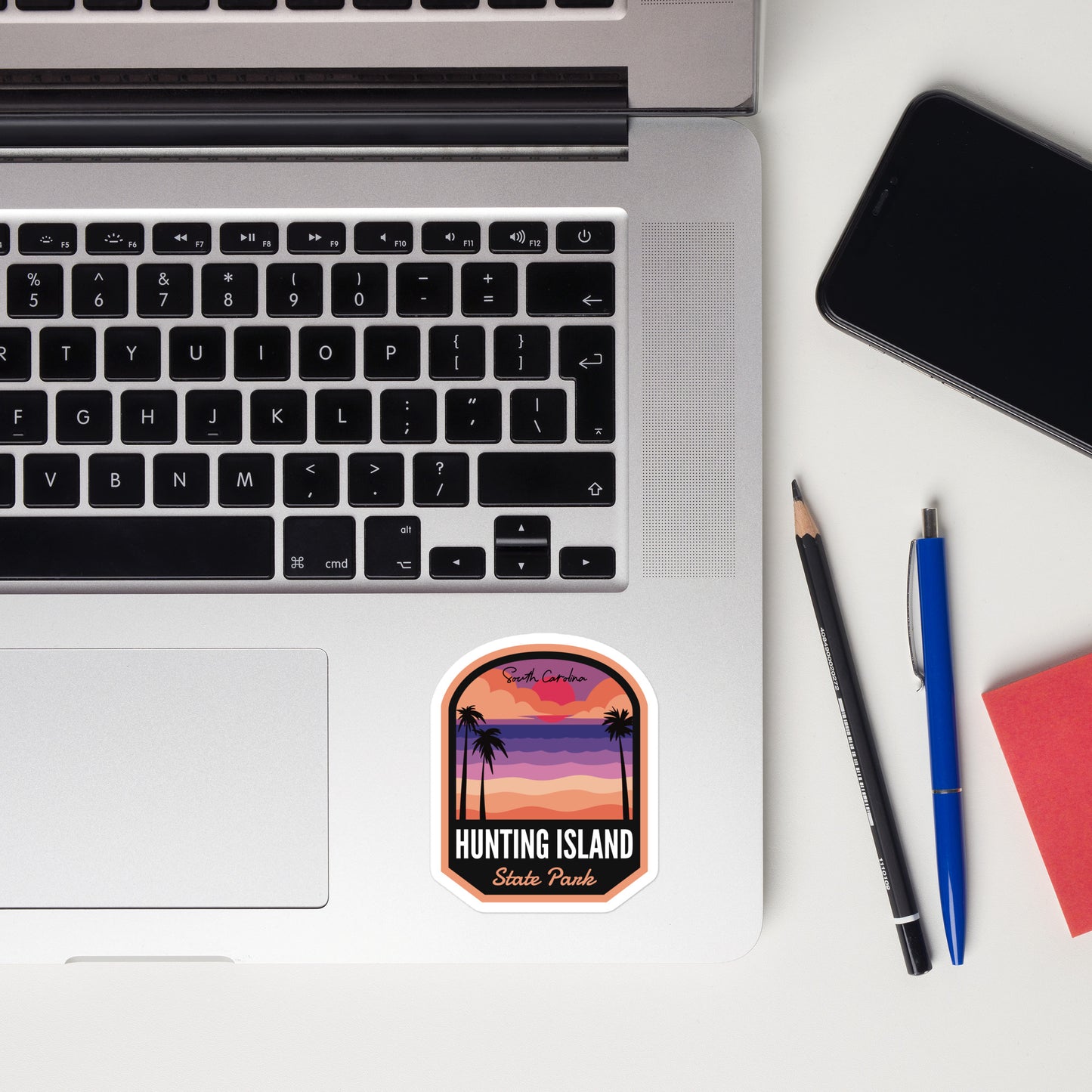 A sticker of Hunting Island State Park on a laptop