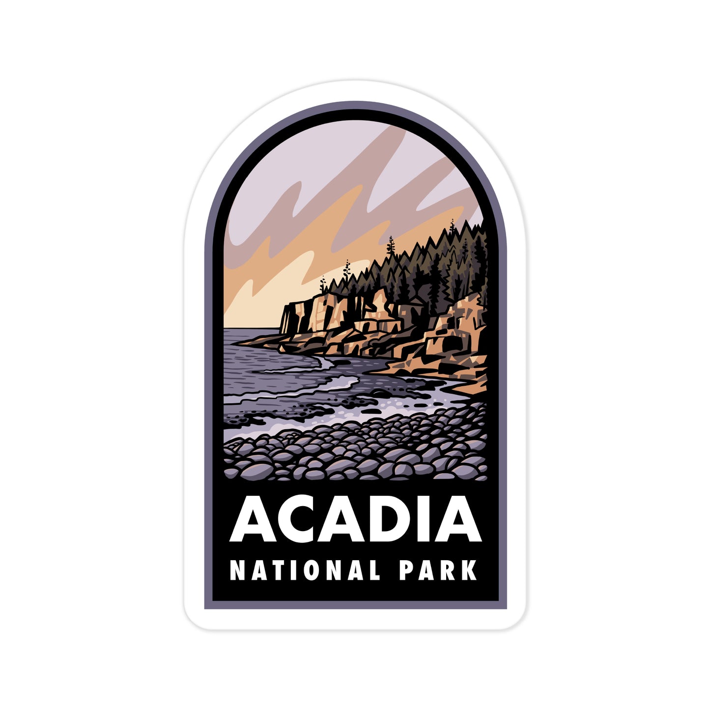 Colorful sticker of Acadia National Park on a white background