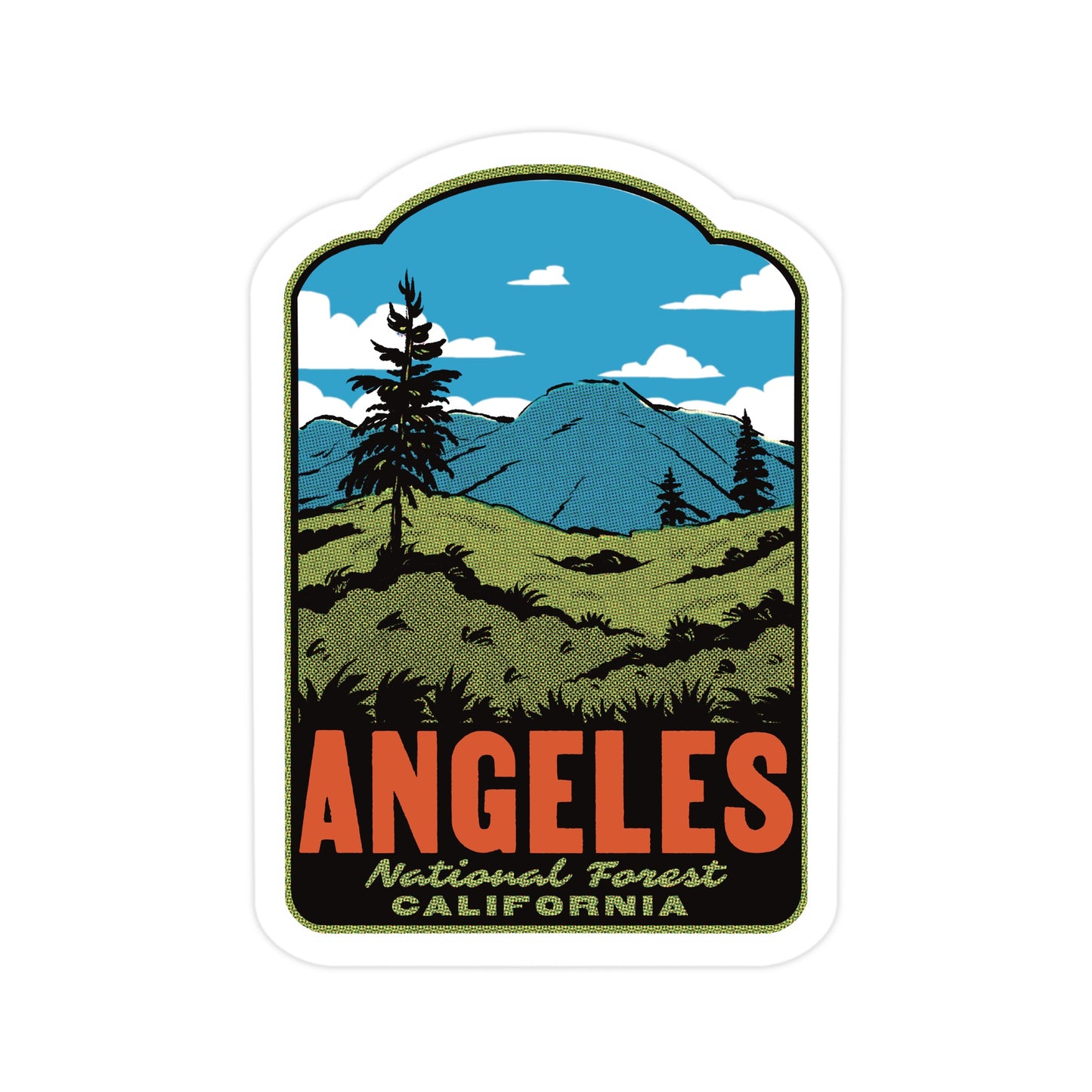 Sticker with a mountain and tree design and 'Angeles National Forest California' text.