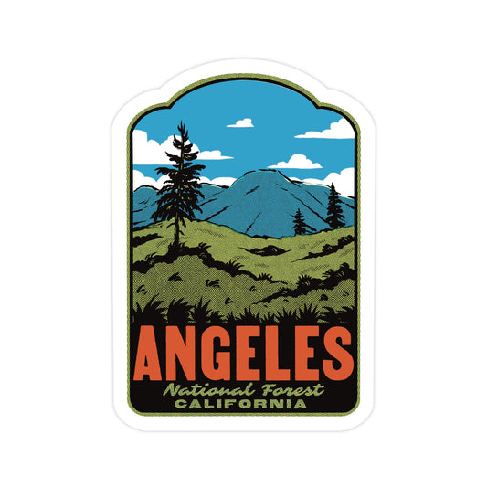 Sticker with a mountain and tree design and 'Angeles National Forest California' text.