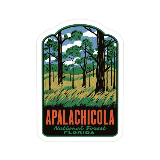 Sticker with a scenic design of Apalachicola National Forest, Florida, featuring trees and grass.