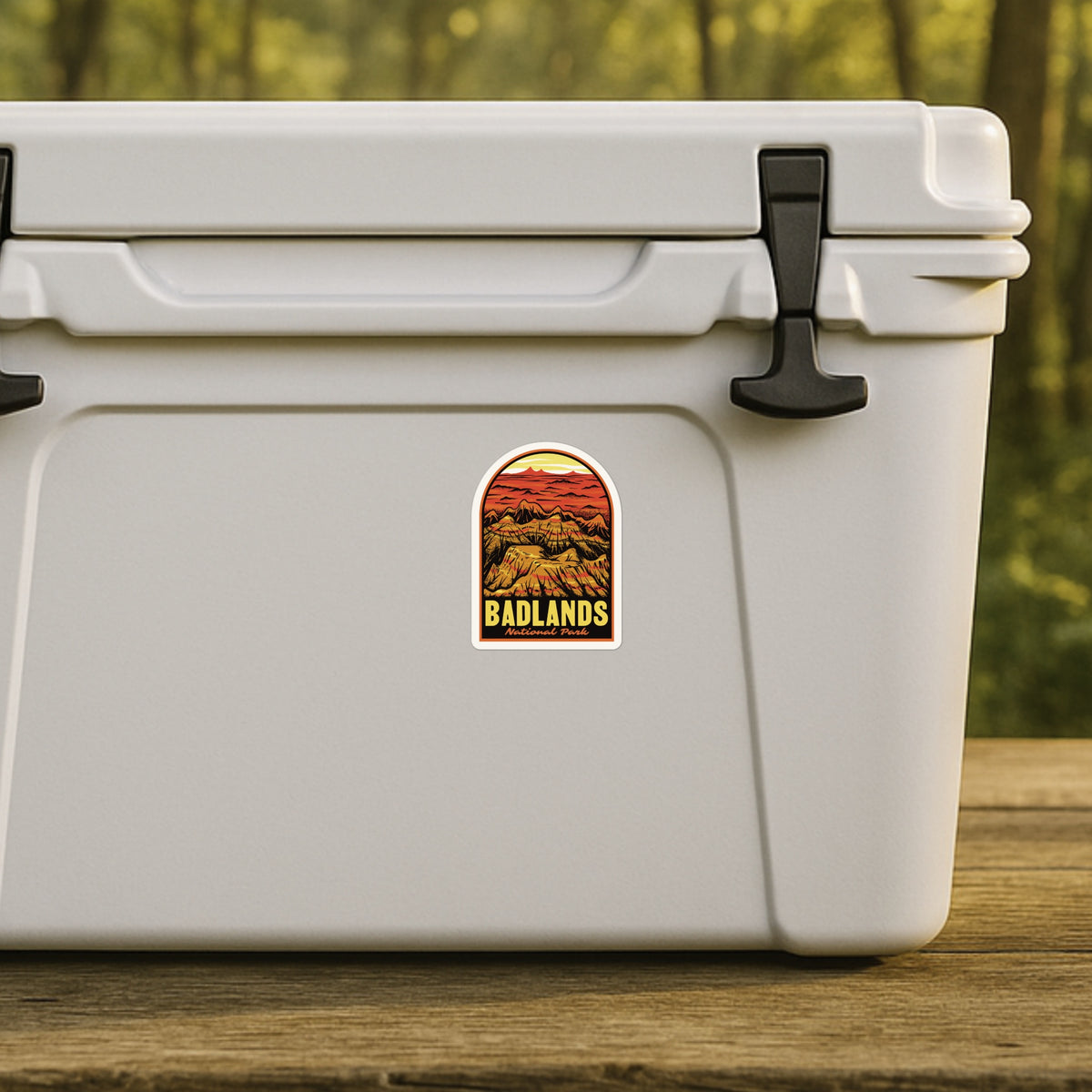 a sticker of Badlands National Park on a cooler