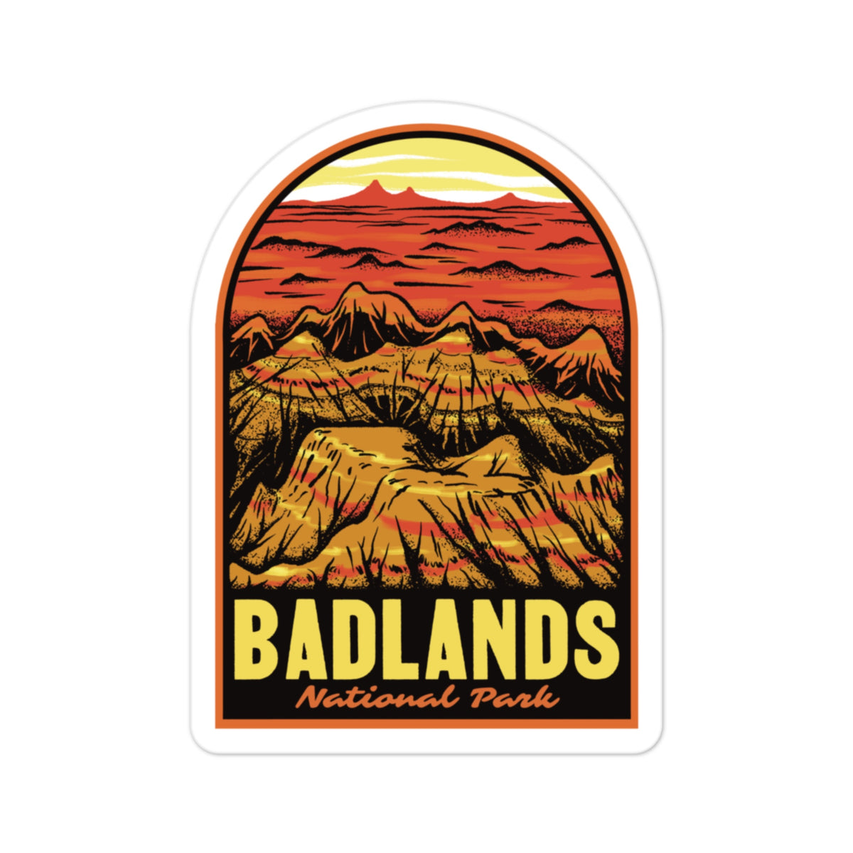 a sticker of Badlands National Park on a white background