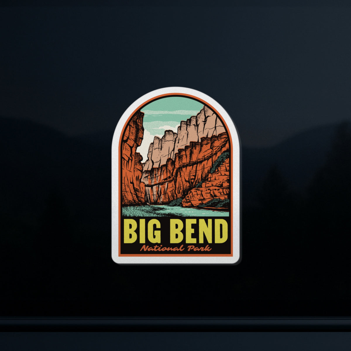 a sticker of Big Bend National Park on a car window