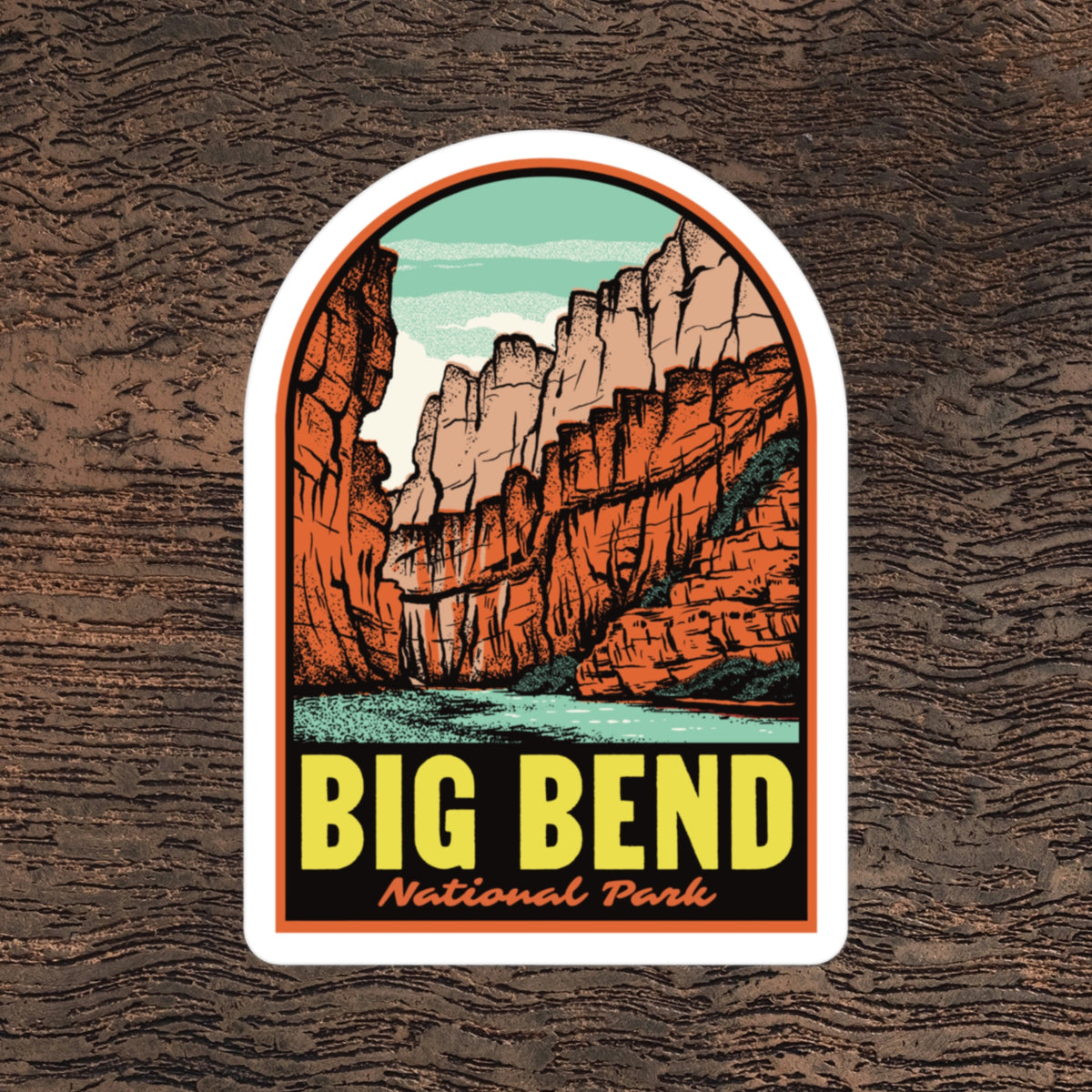 a sticker of Big Bend National Park on a wood background