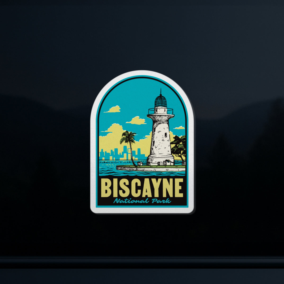 a sticker of Biscayne National Park on a car window