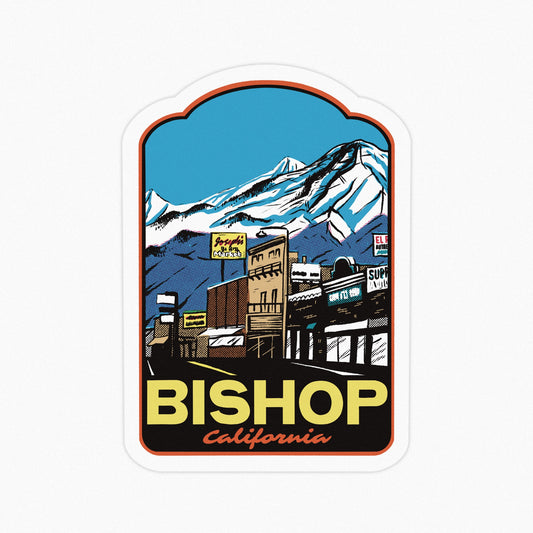 A sticker of Bishop, California on a white surface
