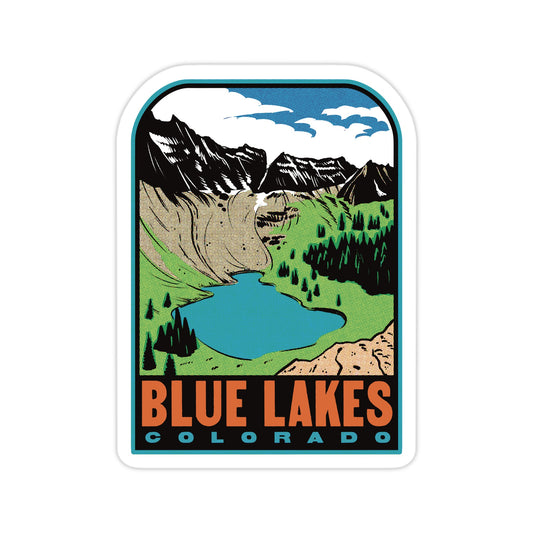 Sticker with a scenic illustration of mountains and a lake, labeled 'Blue Lakes Colorado'.