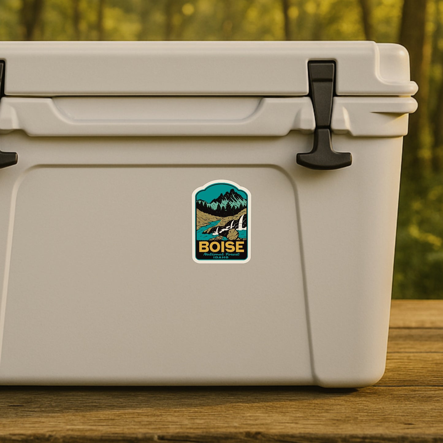Beige cooler with a Boise sticker on a wooden surface with a blurred natural background