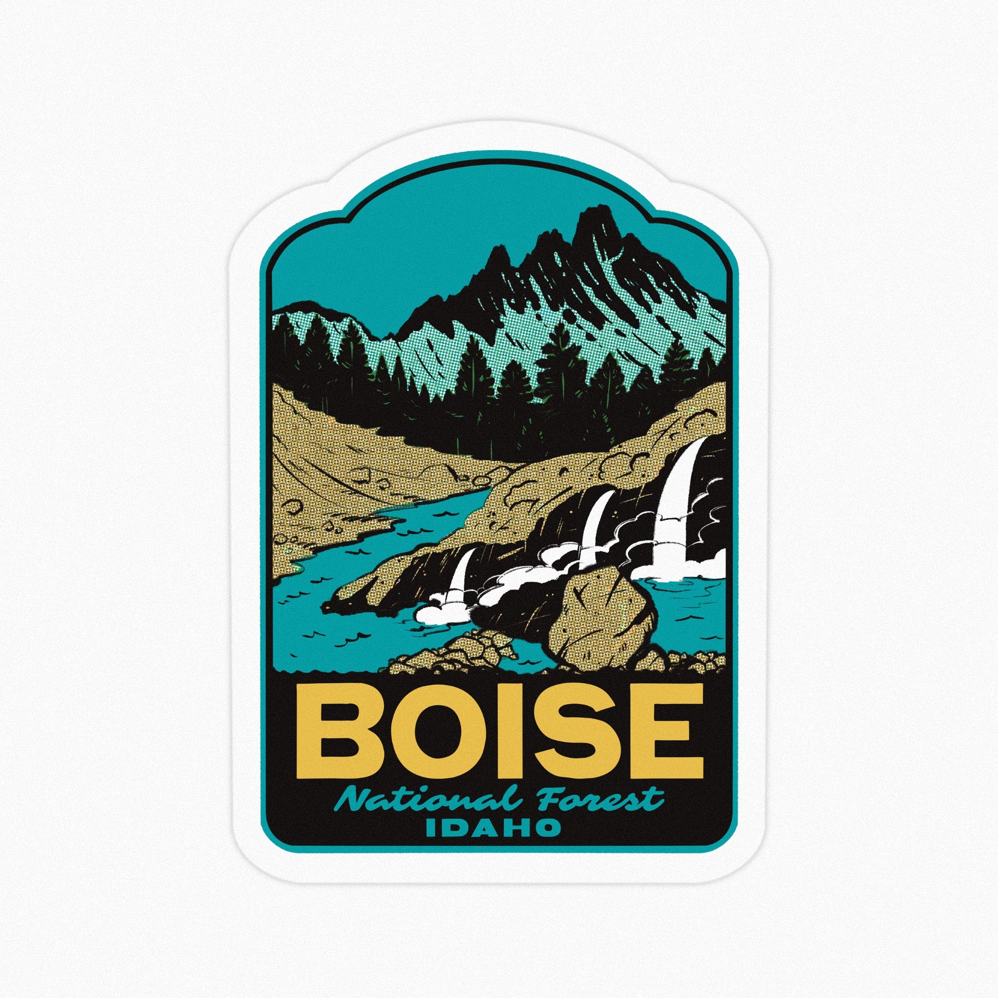 Sticker with a scenic design of a mountain and river, featuring the text 'Boise National Forest Idaho'.