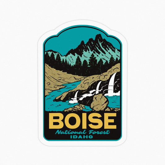 Sticker with a scenic design of a mountain and river, featuring the text 'Boise National Forest Idaho'.