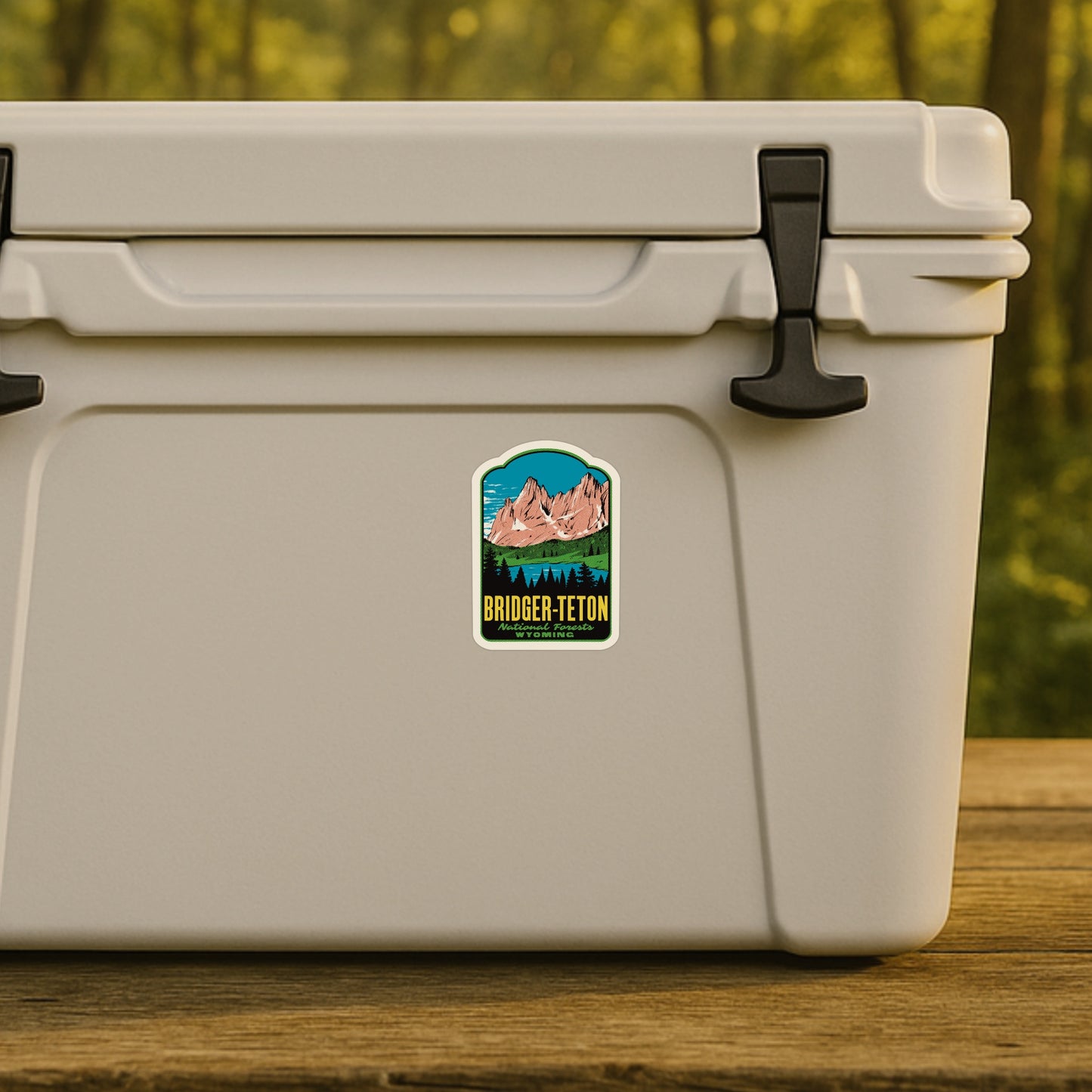 A retro decal of Bridger-Teton National Forests on a cooler