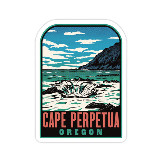 Sticker with a scenic illustration of Cape Perpetua, Oregon, featuring a waterfall and mountain.