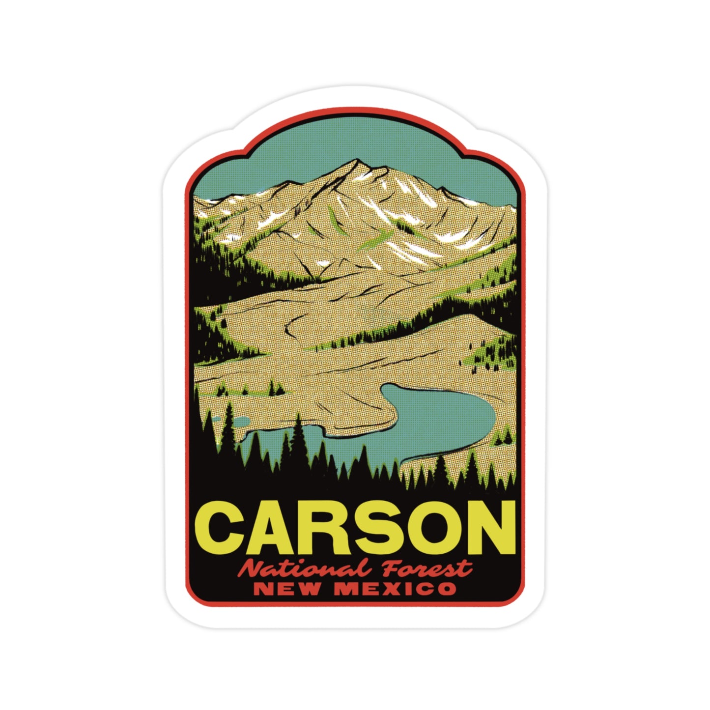 Sticker with a scenic illustration of Carson National Forest, New Mexico, featuring mountains and a lake.