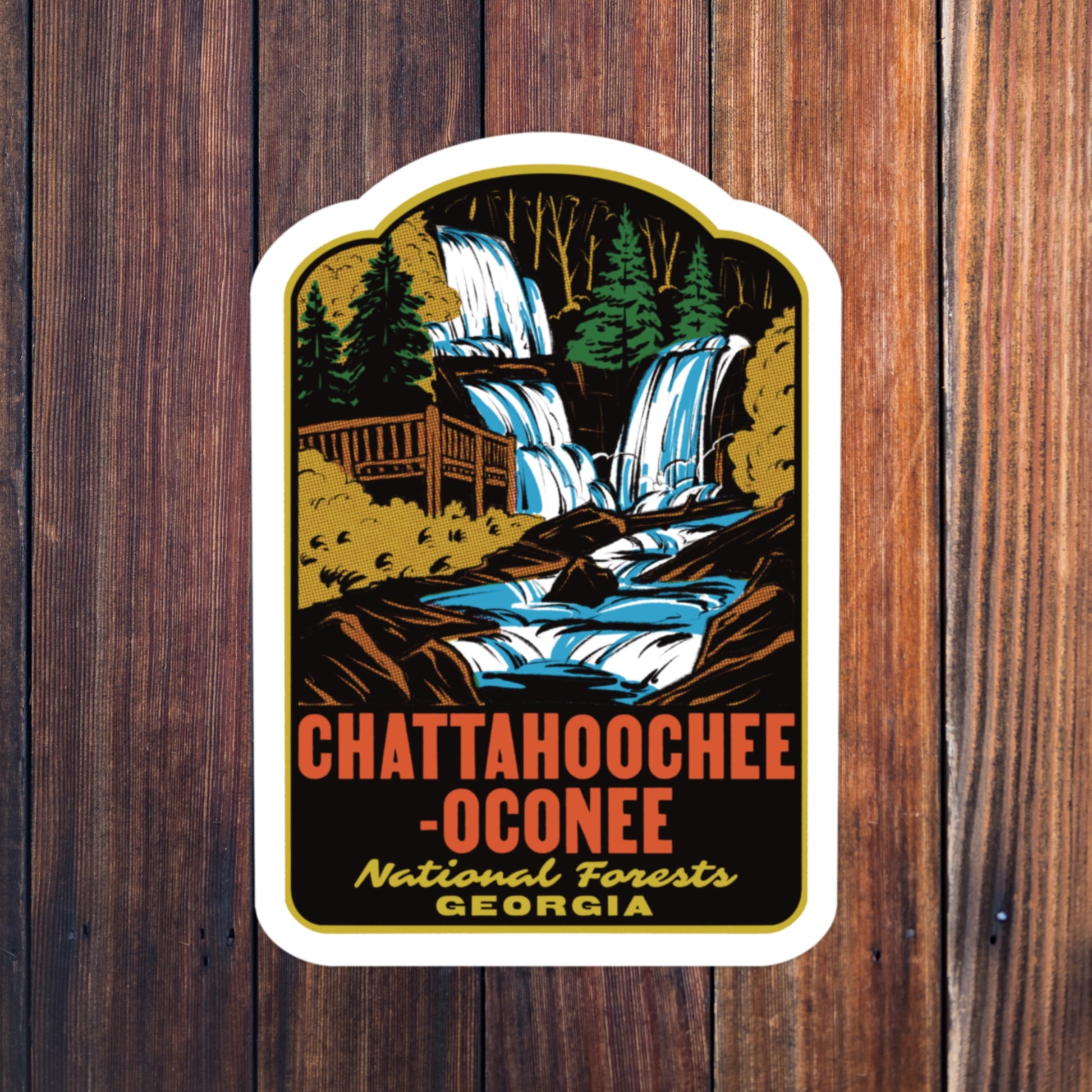 Sticker of Chattahoochee-Oconee National Forests Georgia on a wooden background