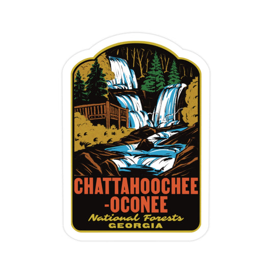 Sticker with a scenic design of waterfalls and trees, featuring the text 'Chattahoochee-Oconee National Forests Georgia'.
