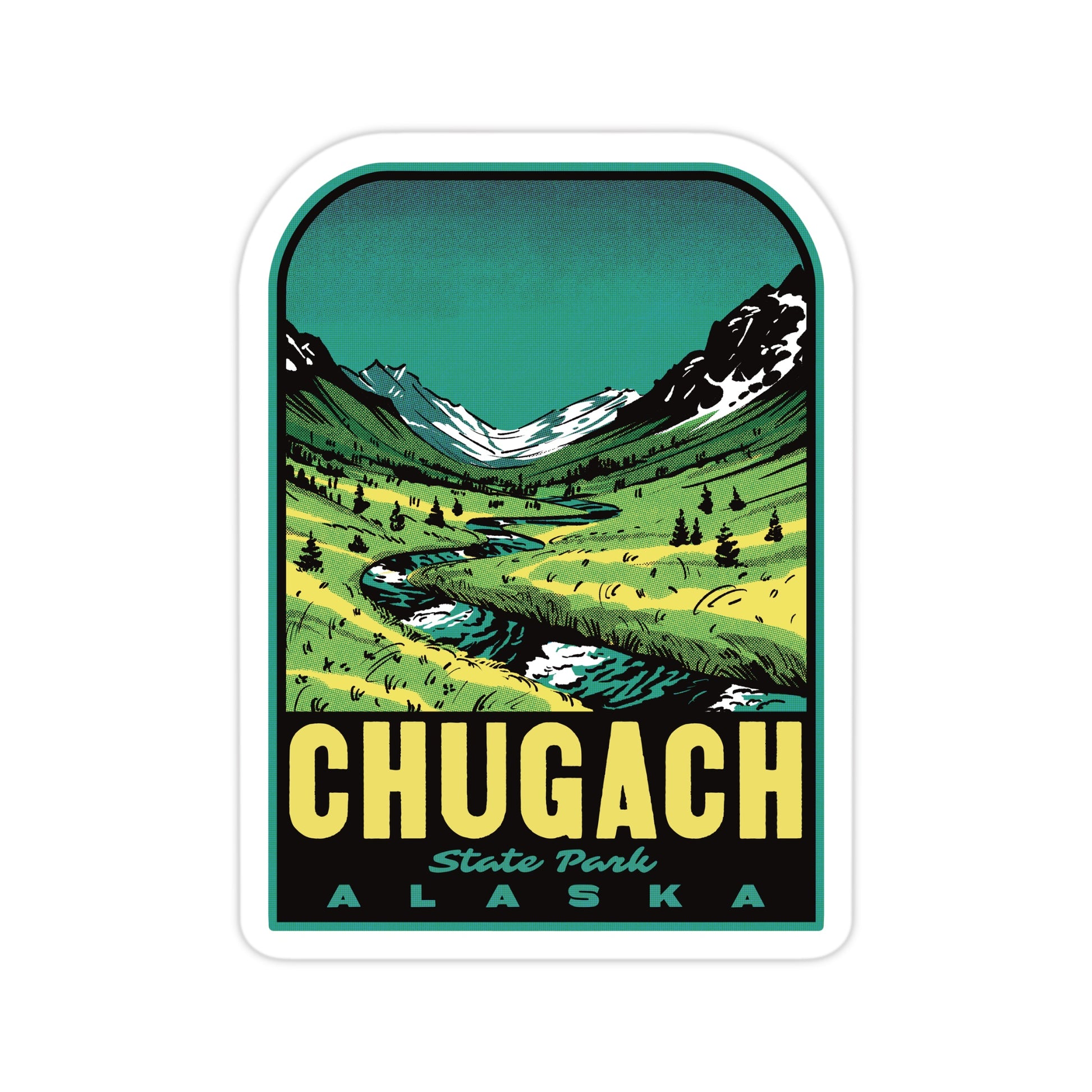Chugach State Park vinyl sticker in retro mid-century style, featuring mountains, nostalgic line work, and half tone colors—durable, waterproof decal perfect for outdoor gear, laptops, and water bottles