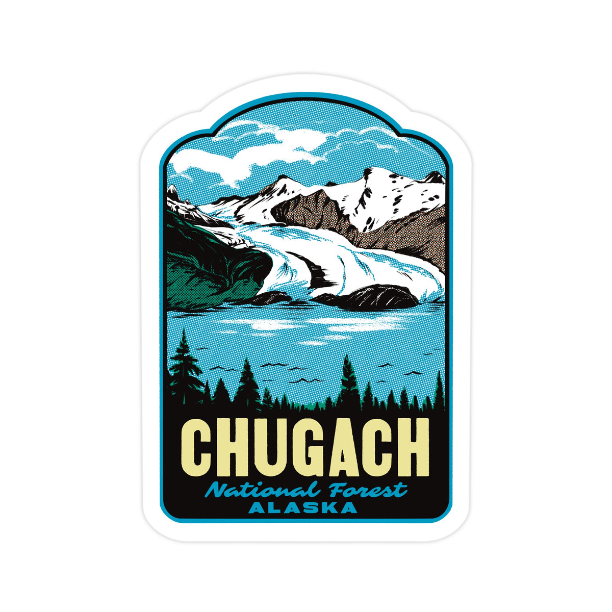 A die-cut sticker featuring a retro-style illustration of Chugach National Forest in Alaska, with snow-capped mountains, a glacier, pine trees, and the text 'CHUGACH National Forest ALASKA' on a white background.