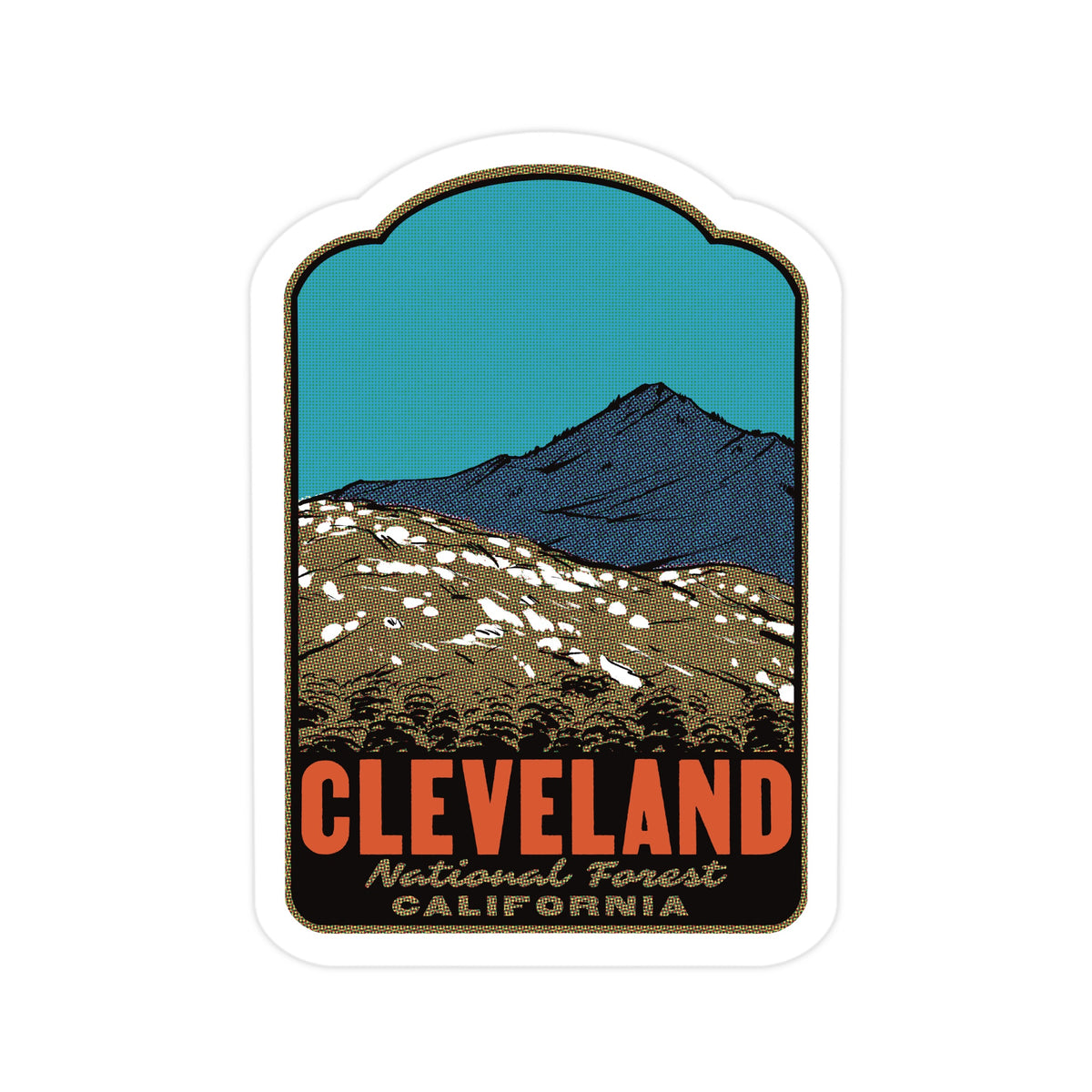 A die-cut sticker featuring a retro-style illustration of Cleveland National Forest in California, with a teal sky, dark blue mountain, brown hills, and orange 'CLEVELAND' text, shown on a plain white background.