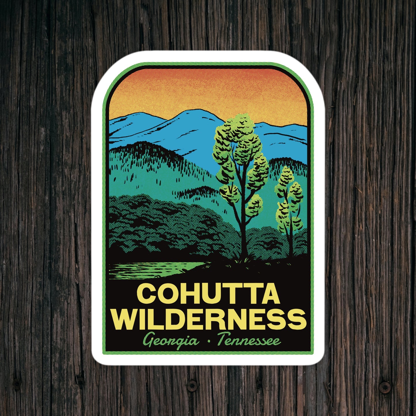 A sticker of Cohutta Wilderness featuring mountains
