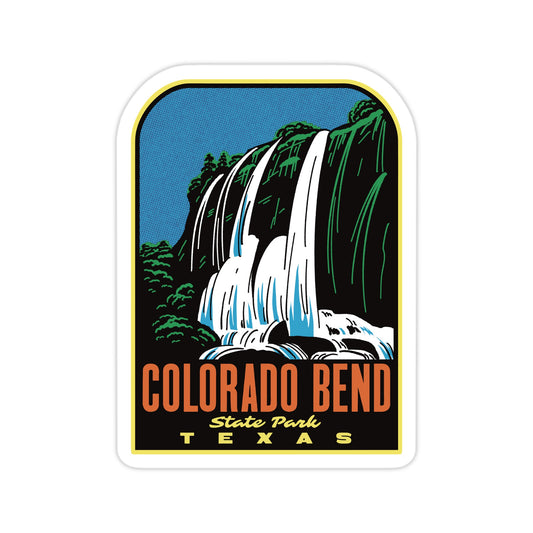Sticker with a waterfall design and 'Colorado Bend State Park, Texas' text on a white background