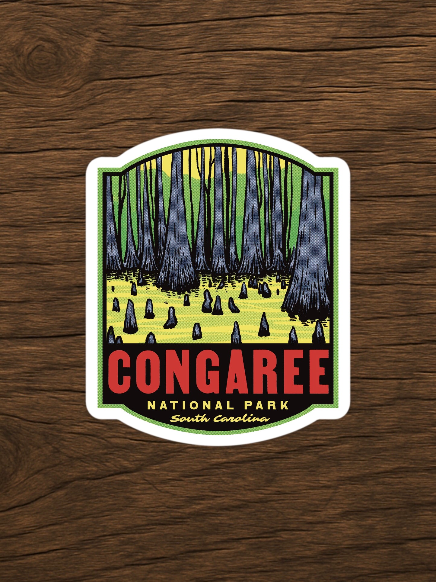 A sticker of Congaree National Park on a wood surface