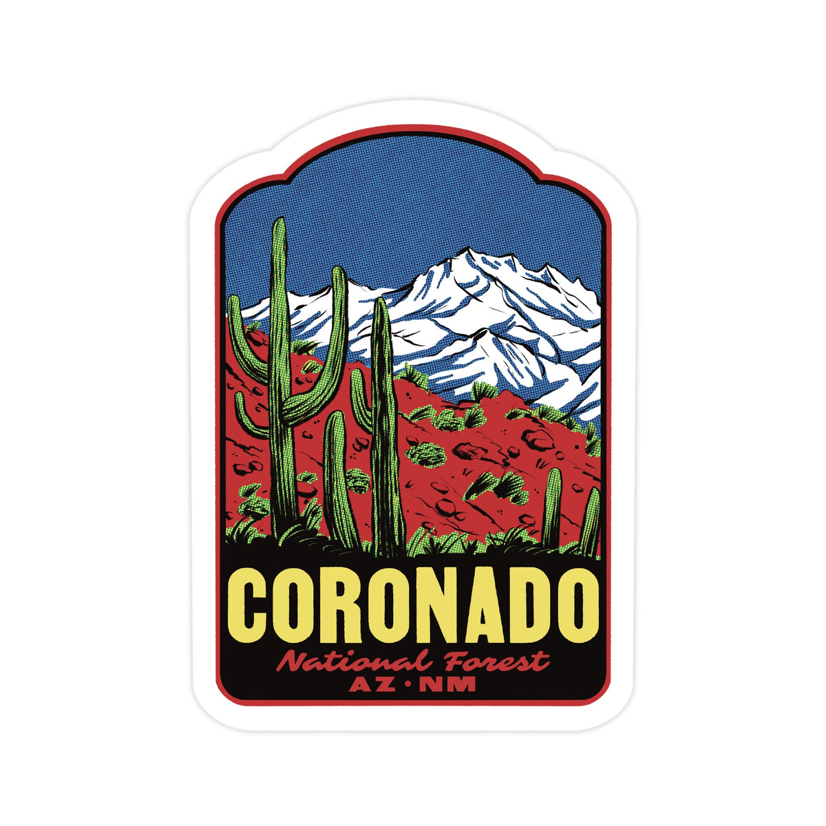 A die-cut sticker featuring a retro-style illustration of Coronado National Forest, with green saguaro cacti, a red desert landscape, and snow-capped mountains under a blue sky. The text 'CORONADO National Forest AZ NM' is printed at the bottom.