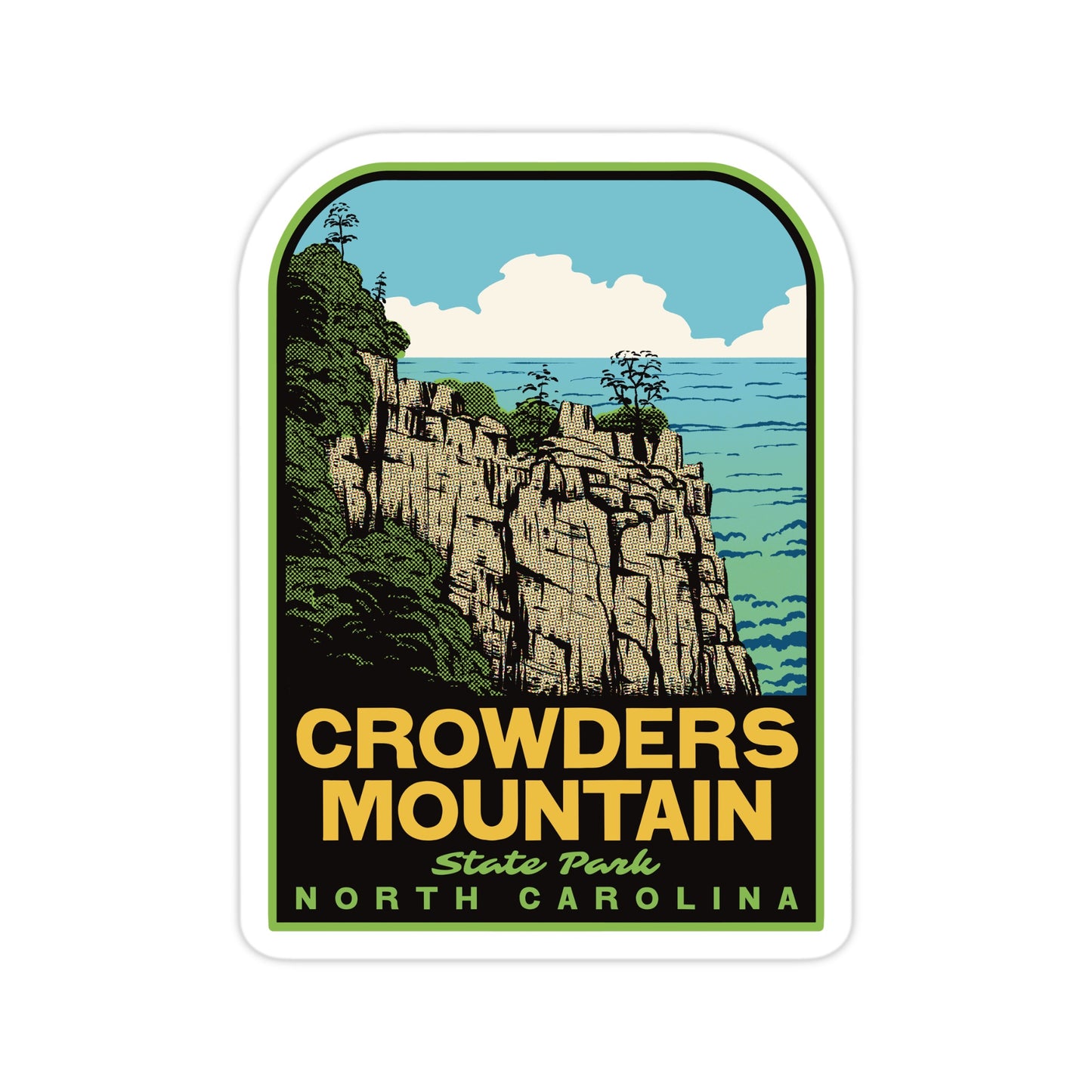 Sticker of Crowders Mountain State Park in North Carolina with a scenic illustration.