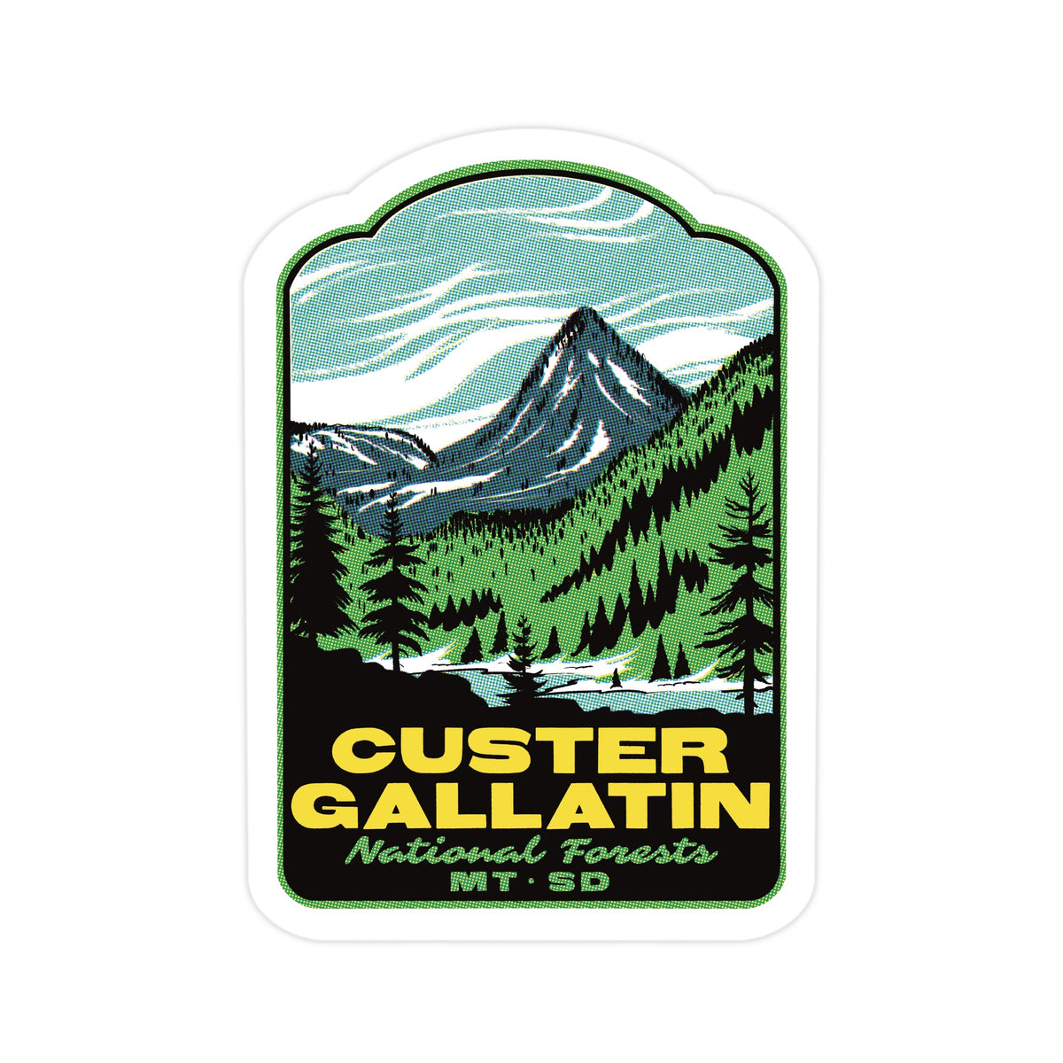 A die-cut sticker featuring a retro-style illustration of Custer Gallatin National Forests in Montana, with a mountain, pine trees, and a lake, and the text 'CUSTER GALLATIN National Forests MT. SD' in yellow and green.