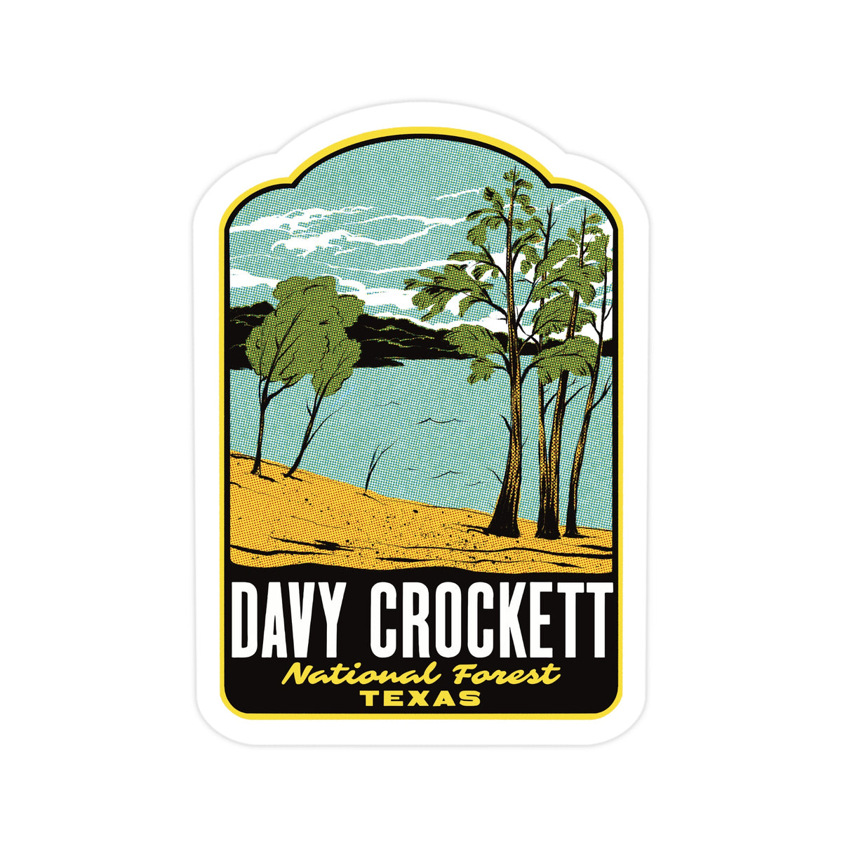 A die-cut sticker featuring a vintage-style landscape illustration of Davy Crockett National Forest in Texas. The design shows green trees, a light blue lake or river, and a sandy yellow foreground under a pale sky, with the text 'DAVY CROCKETT National Forest TEXAS' on a black background at the bottom.
