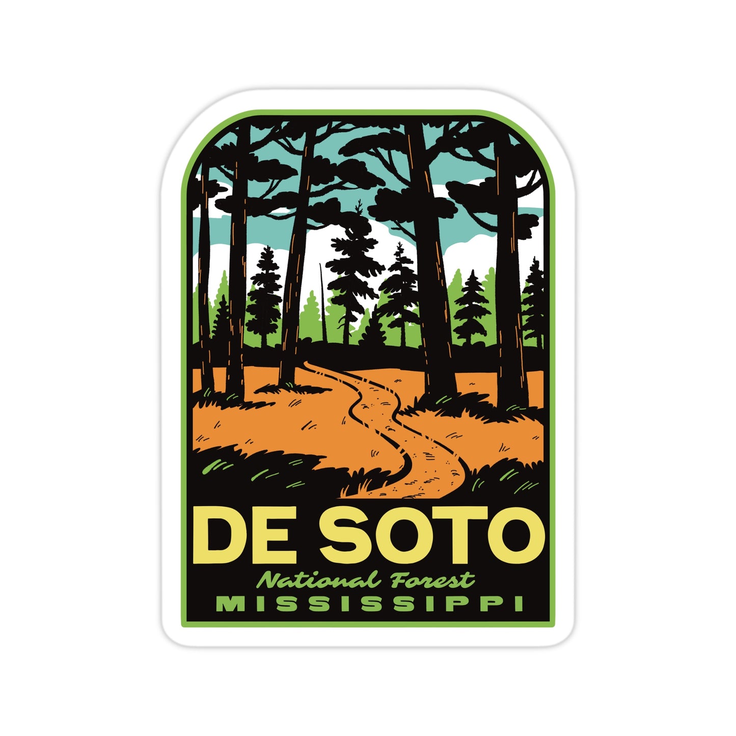 Sticker with a forest design and 'De Soto National Forest Mississippi' text on a white background