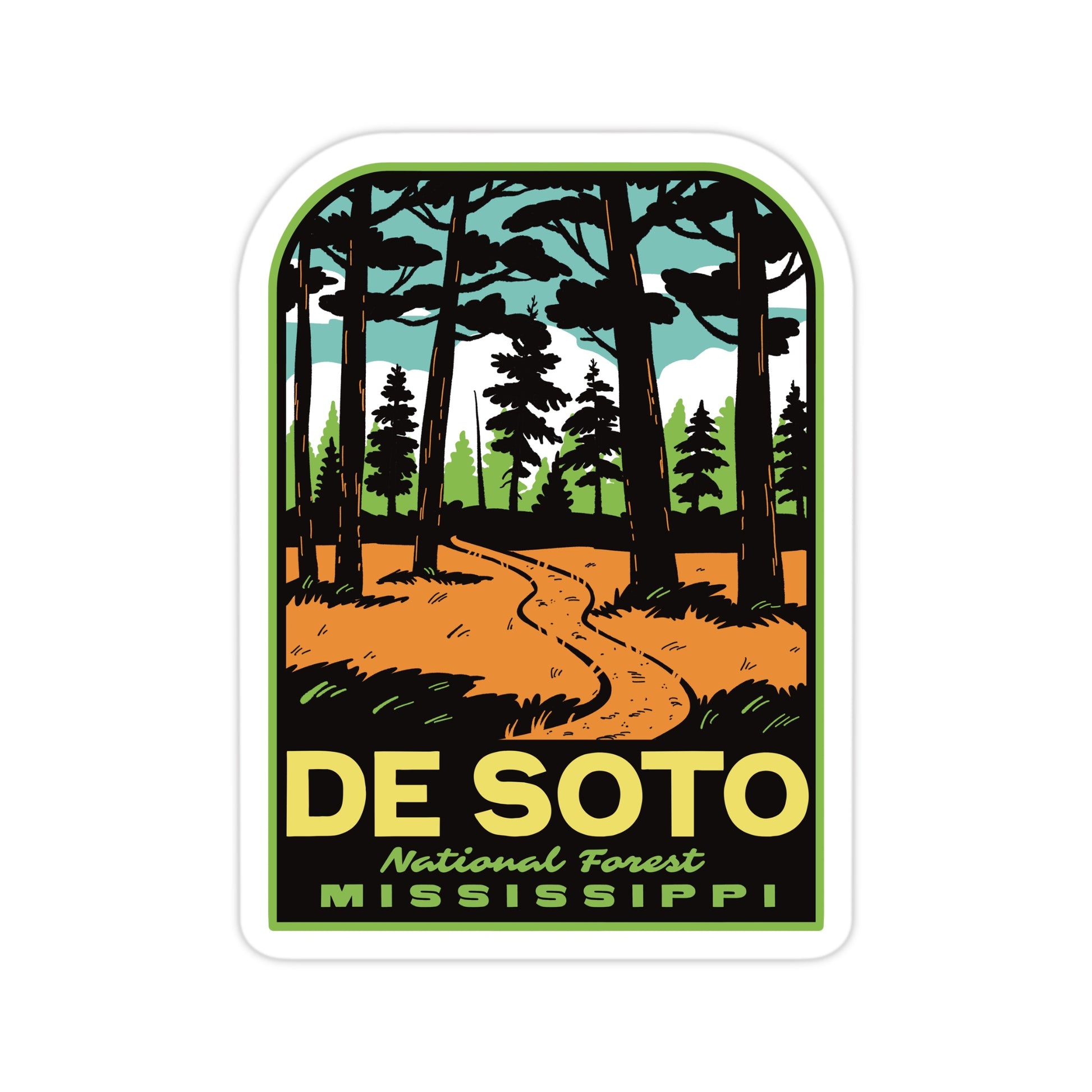 Sticker with a forest design and 'De Soto National Forest Mississippi' text on a white background