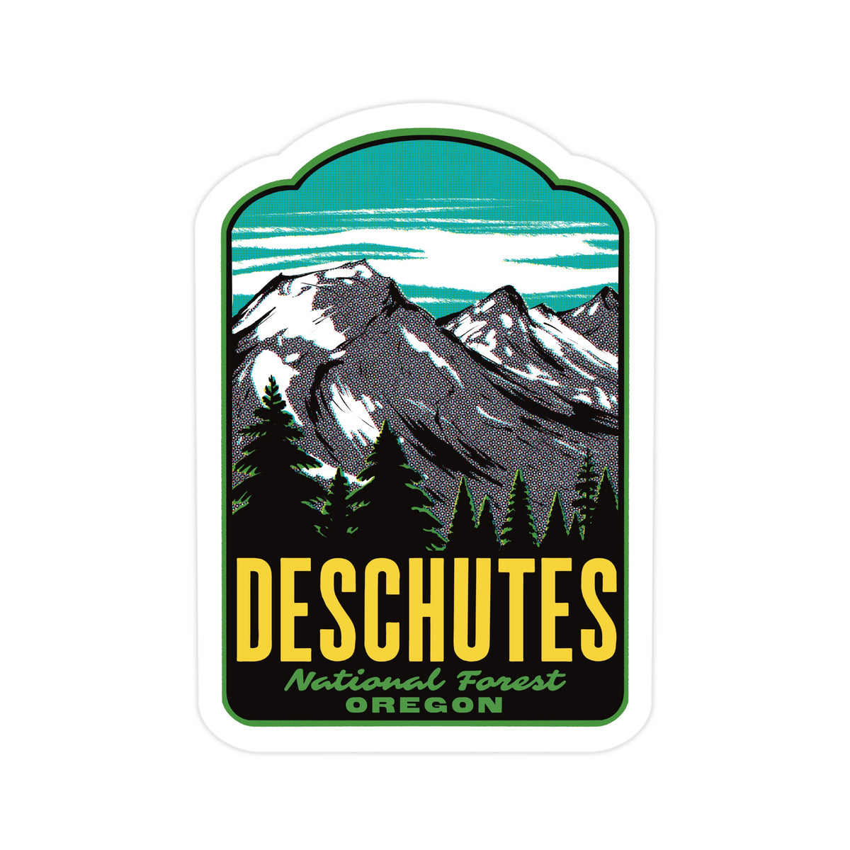 A die-cut sticker featuring a retro-style illustration of snow-capped mountains, pine trees, and a teal sky, with the text 'DESCHUTES National Forest OREGON' in yellow and green.