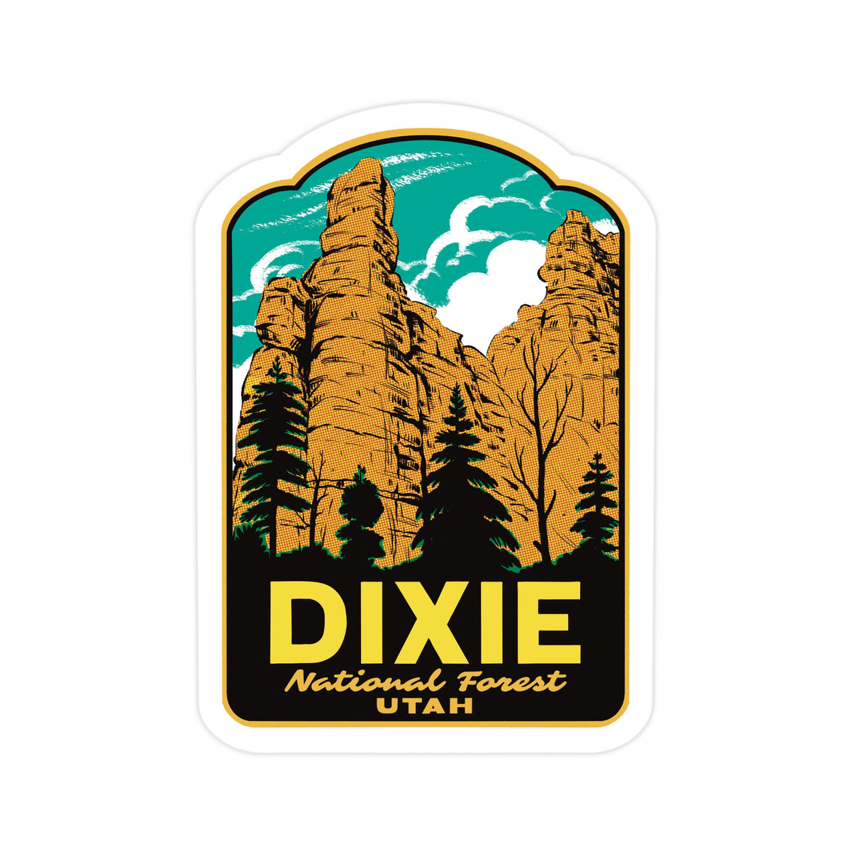 A die-cut sticker featuring a retro-style illustration of Dixie National Forest in Utah, with tan rock formations, dark green trees, a teal sky, and bold yellow text reading 'DIXIE National Forest UTAH' on a white background.