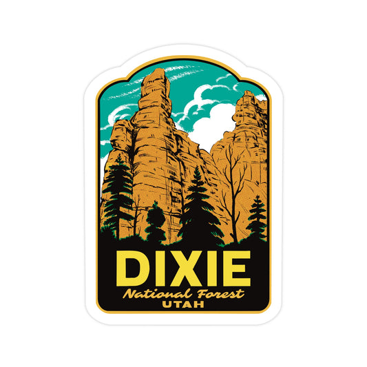 A die-cut sticker featuring a retro-style illustration of Dixie National Forest in Utah, with tan rock formations, dark green trees, a teal sky, and bold yellow text reading 'DIXIE National Forest UTAH' on a white background.