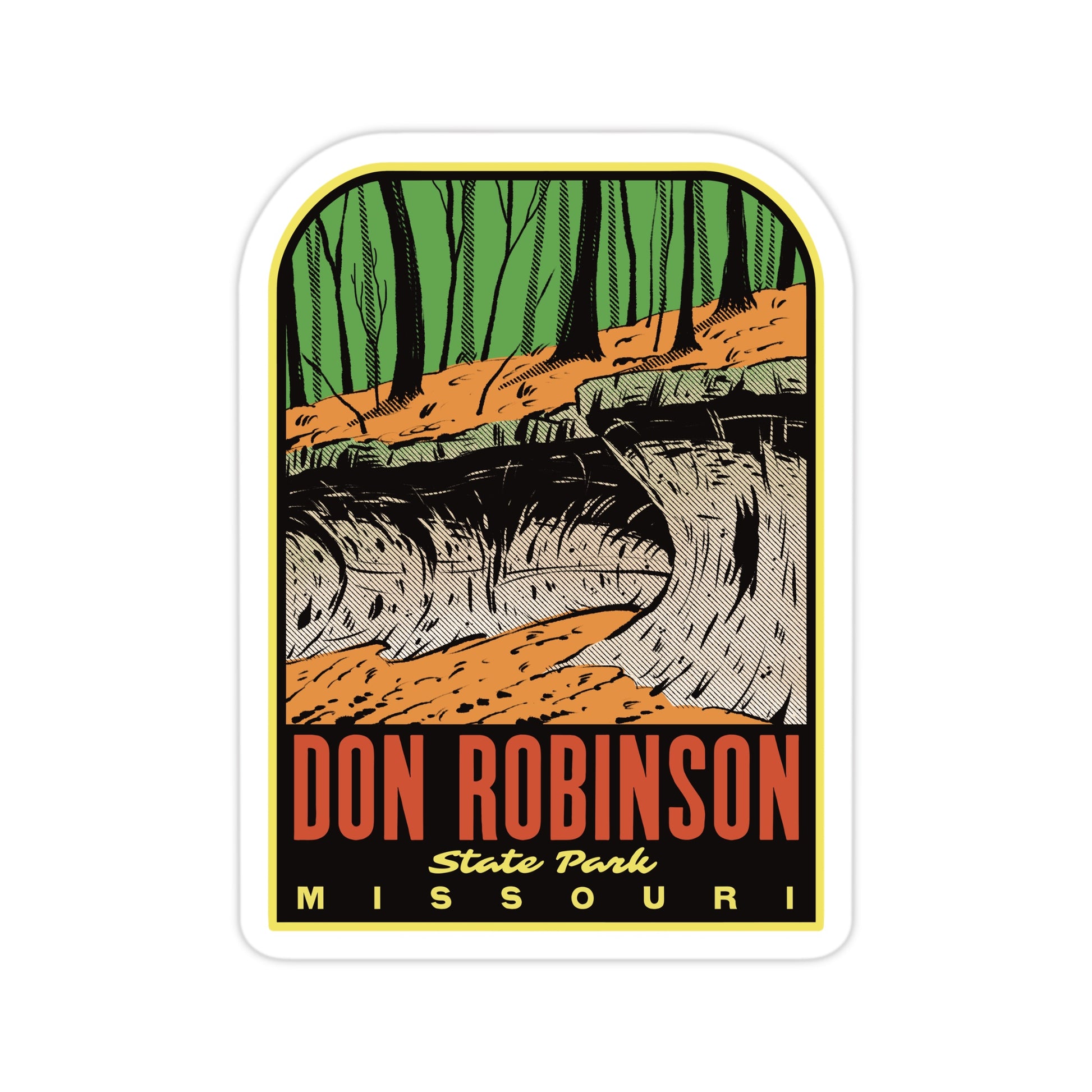 A sticker of Don Robinson State Park Missouri on a white surface
