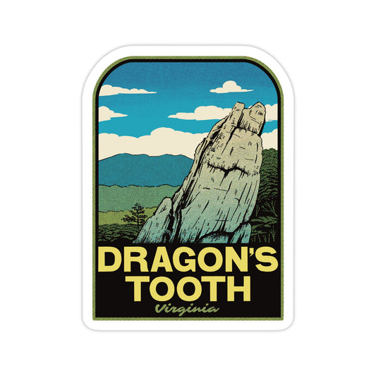 Sticker with a mountain design and 'Dragon's Tooth Virginia' text on a white background