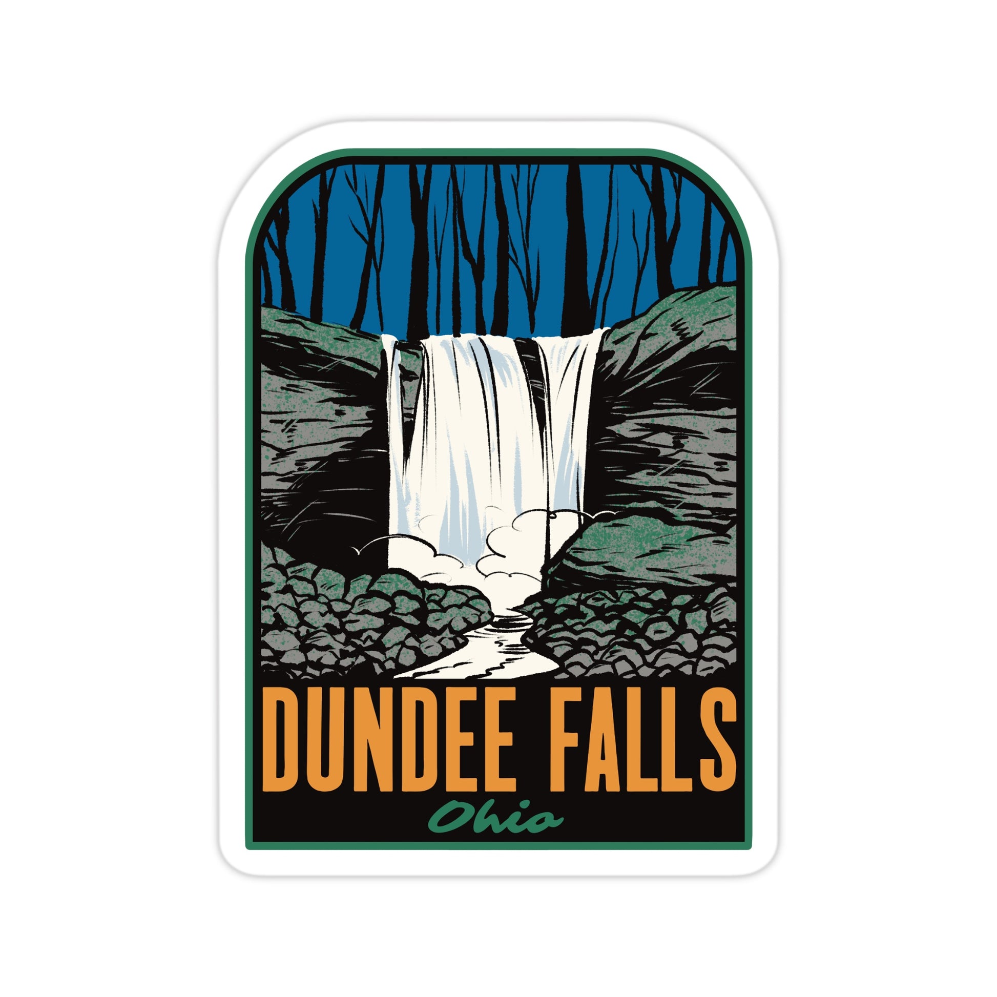 Sticker with a waterfall design and 'Dundee Falls, Ohio' text on a white background