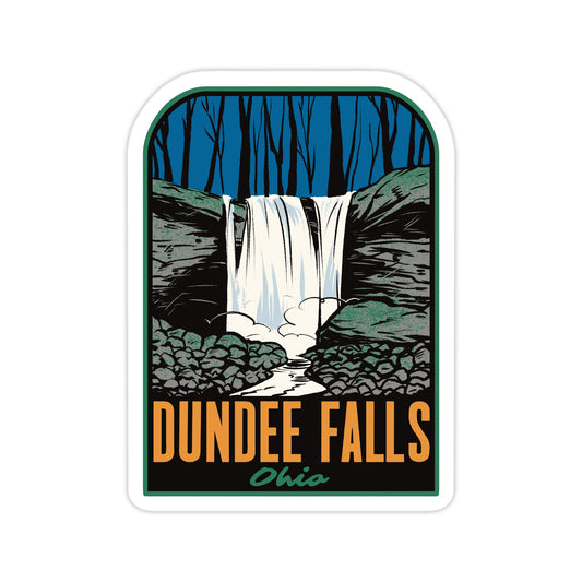 Sticker with a waterfall design and 'Dundee Falls, Ohio' text on a white background