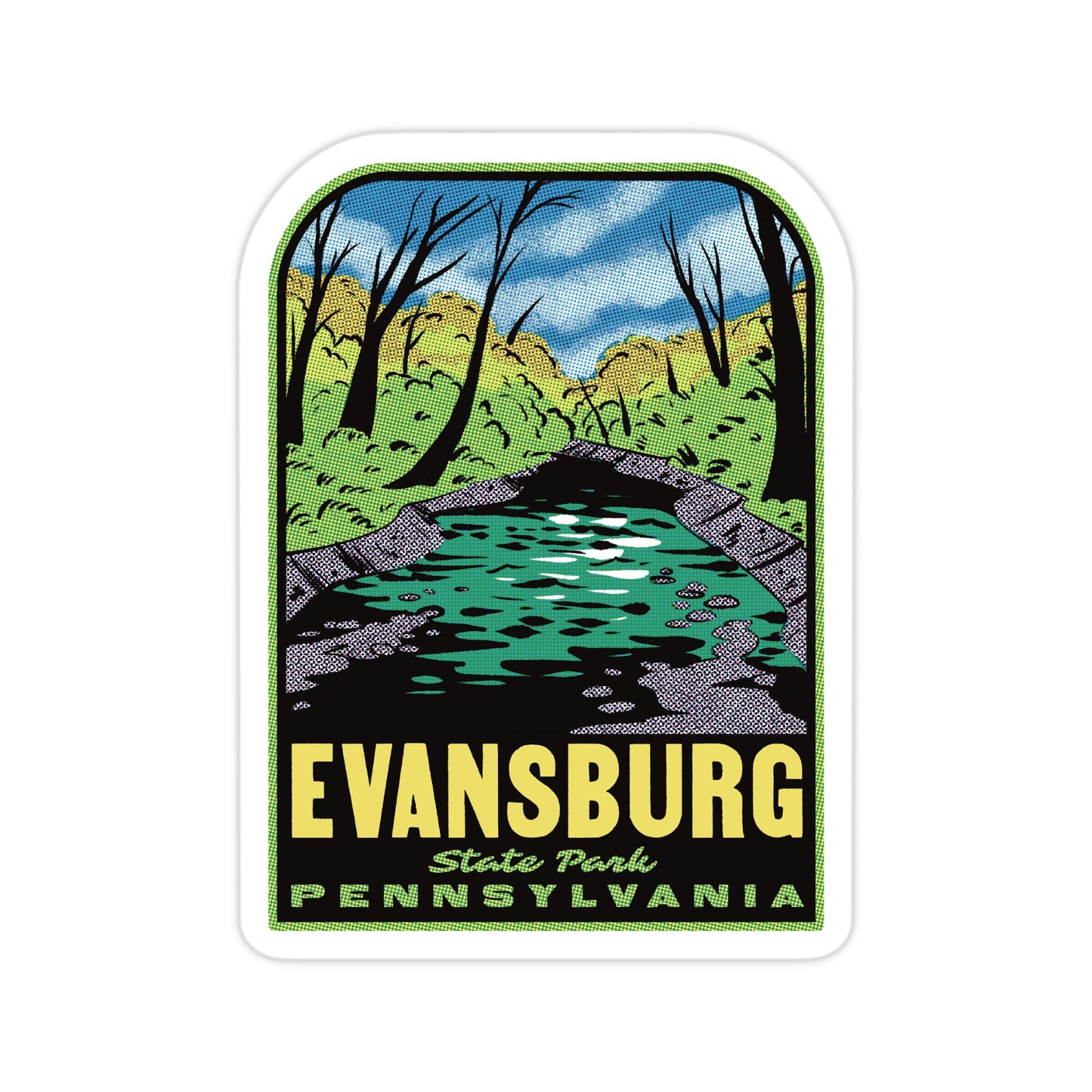 Sticker of Evansburg State Park, Pennsylvania with a scenic design.