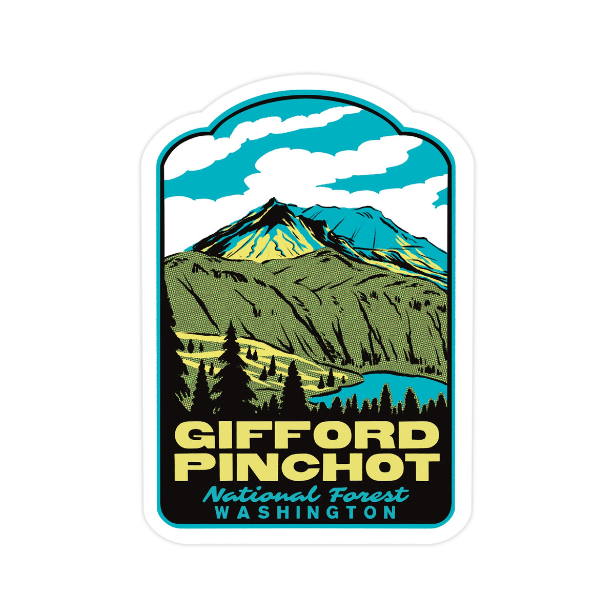 A die-cut sticker featuring a stylized mountain landscape with the text 'GIFFORD PINCHOT National Forest WASHINGTON' on a white background.