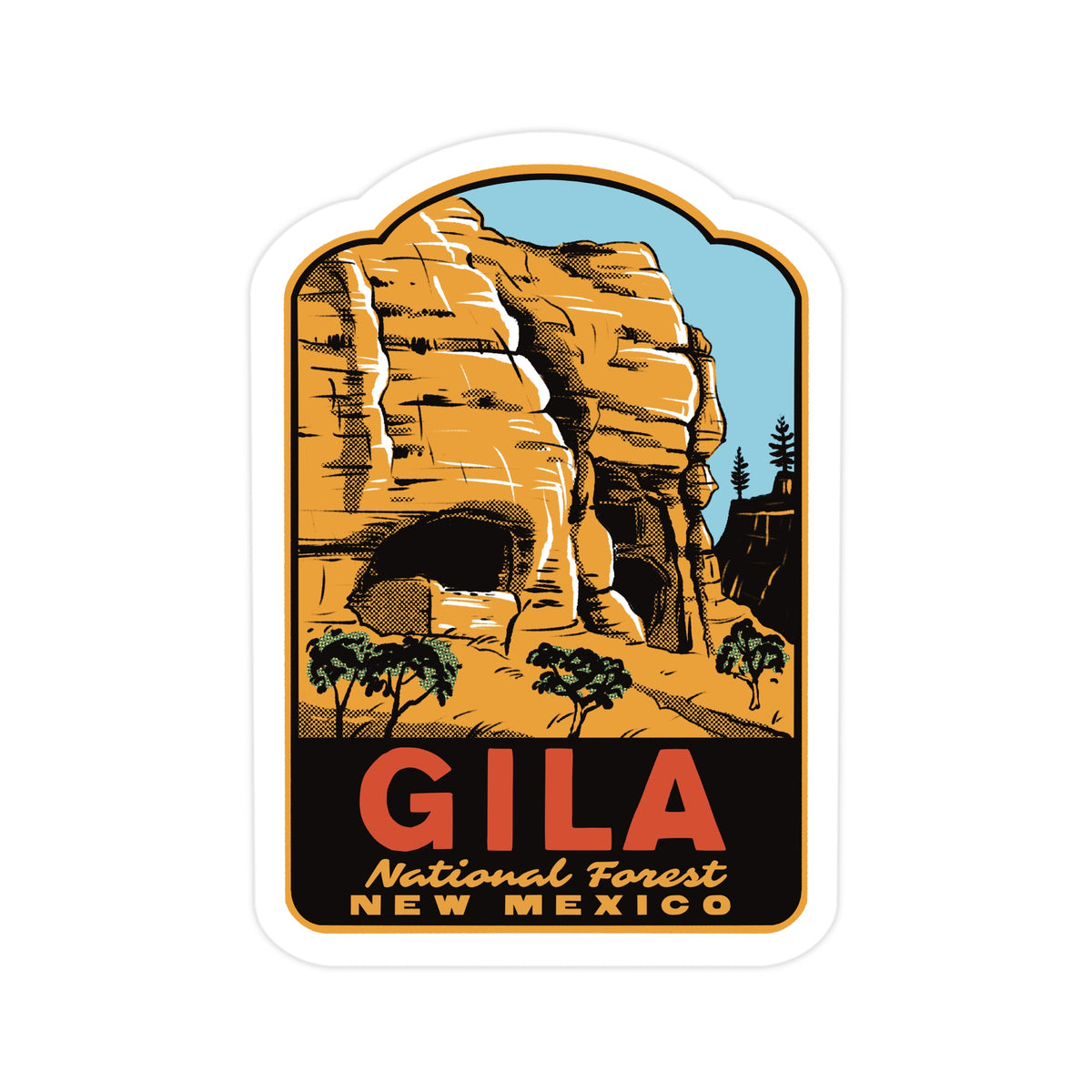 A die-cut sticker featuring a vintage-style illustration of Gila National Forest in New Mexico, with a tan rock formation, blue sky, and the text 'GILA National Forest NEW MEXICO' on a black background.