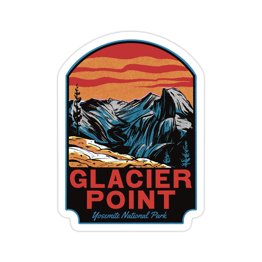 Sticker with mountain landscape and 'Glacier Point' text on a white background