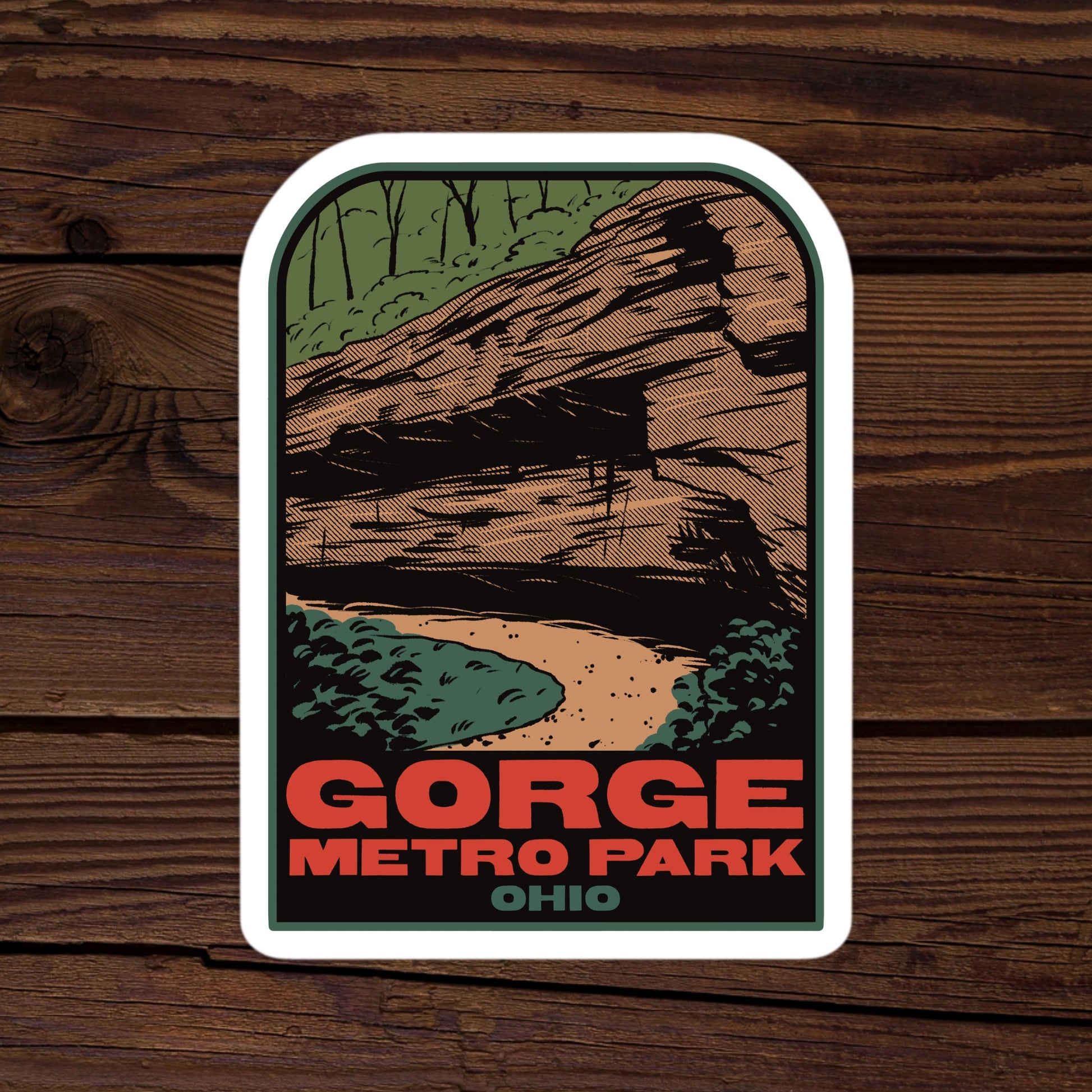 Sticker of Gorge Metro Park, Ohio on a wooden background