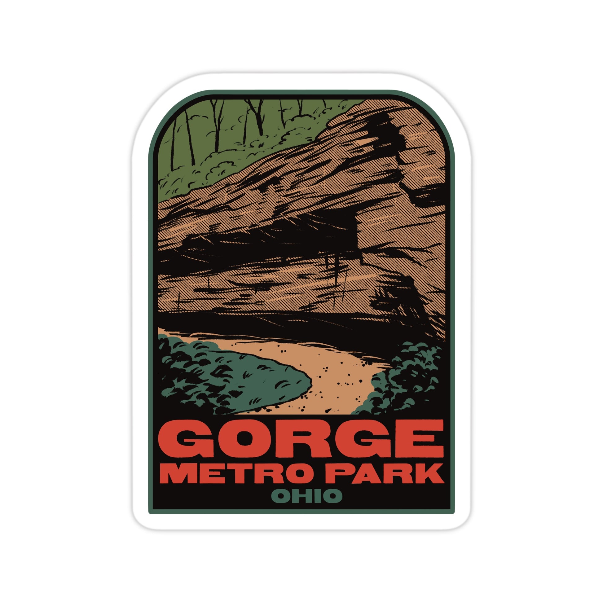 Sticker with 'Gorge Metro Park Ohio' design featuring a Mary Campbell Cave.