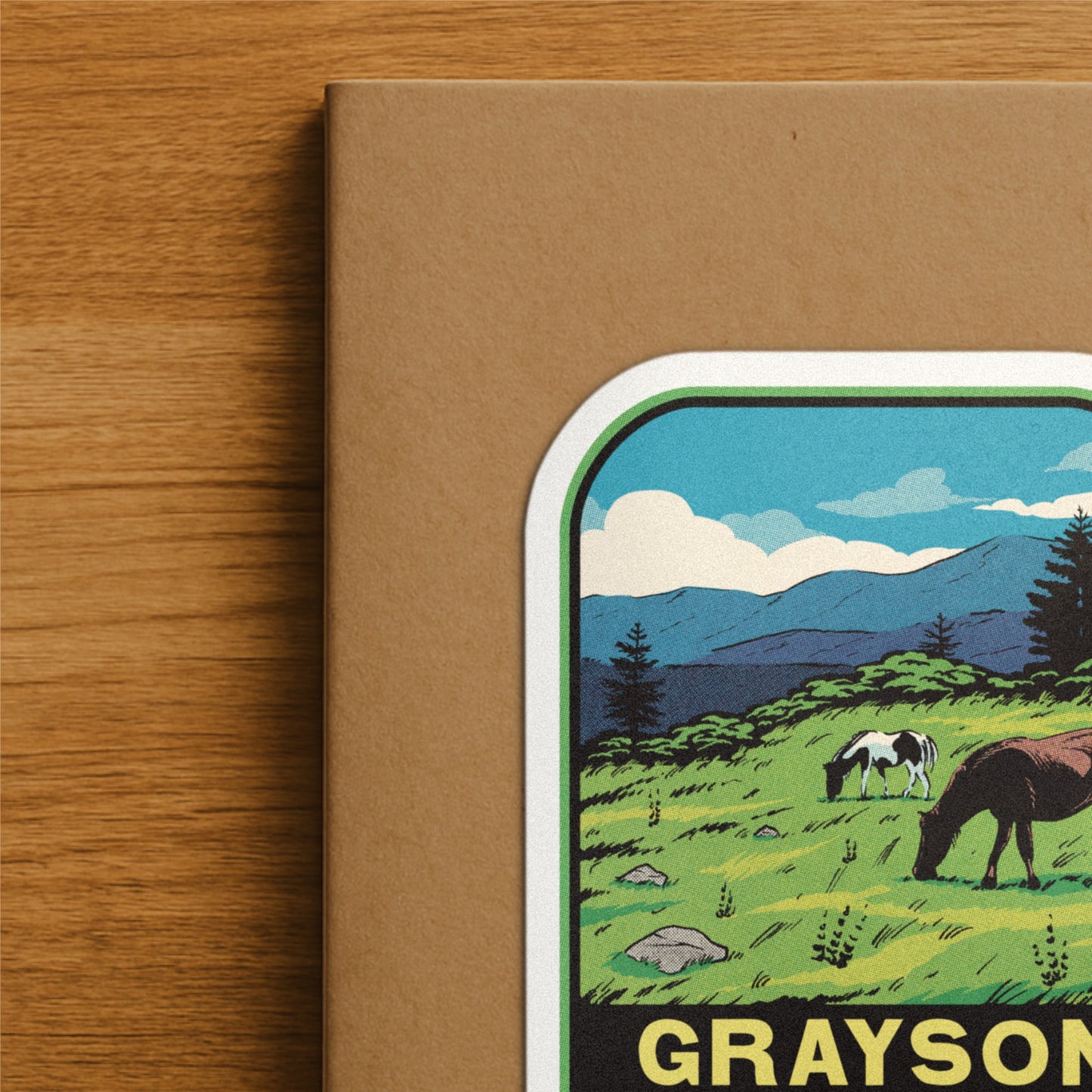 A close up of a vinyl sticker of Grayson Highlands State Park ponies in Virginia