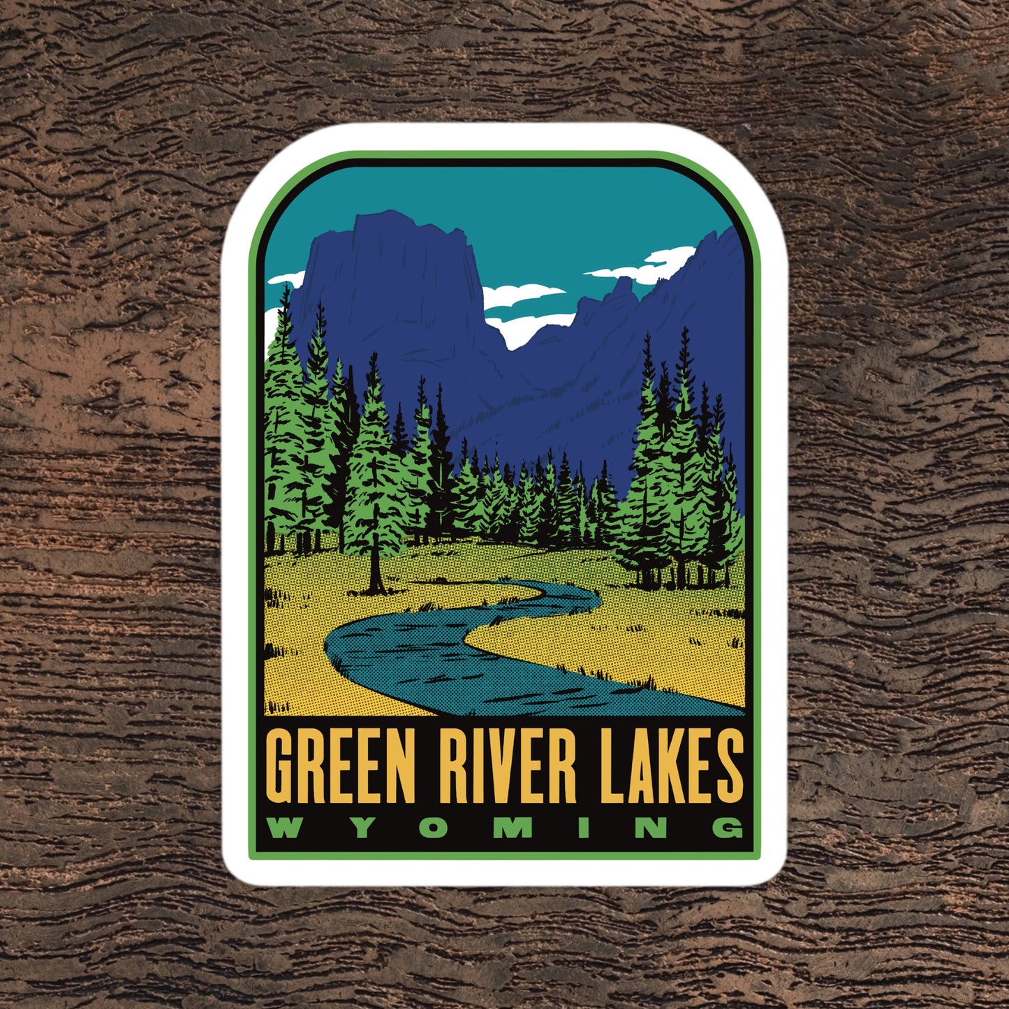 Sticker of Green River Lakes, Wyoming with a scenic design on a wooden surface