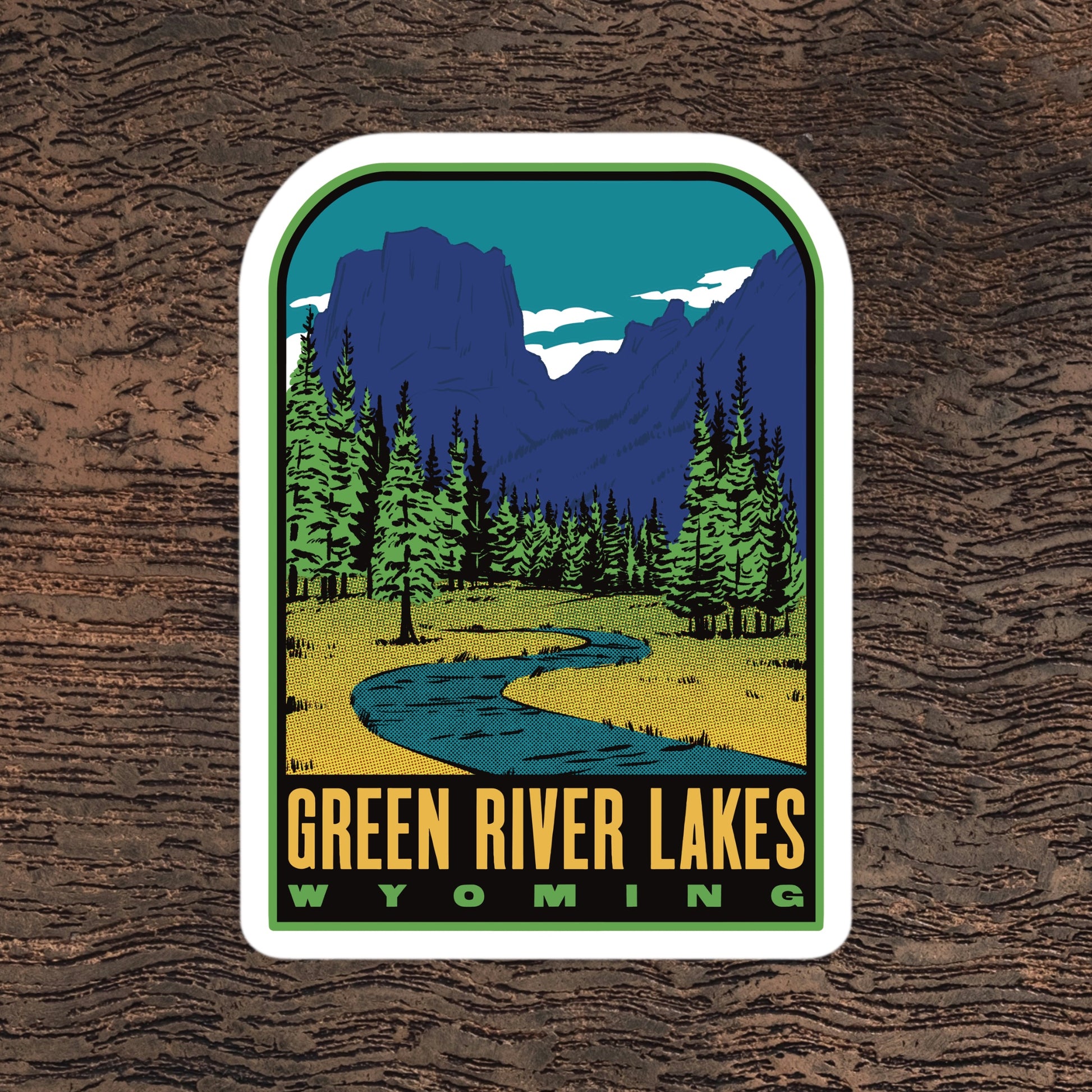 Sticker of Green River Lakes, Wyoming with a scenic design on a wooden surface