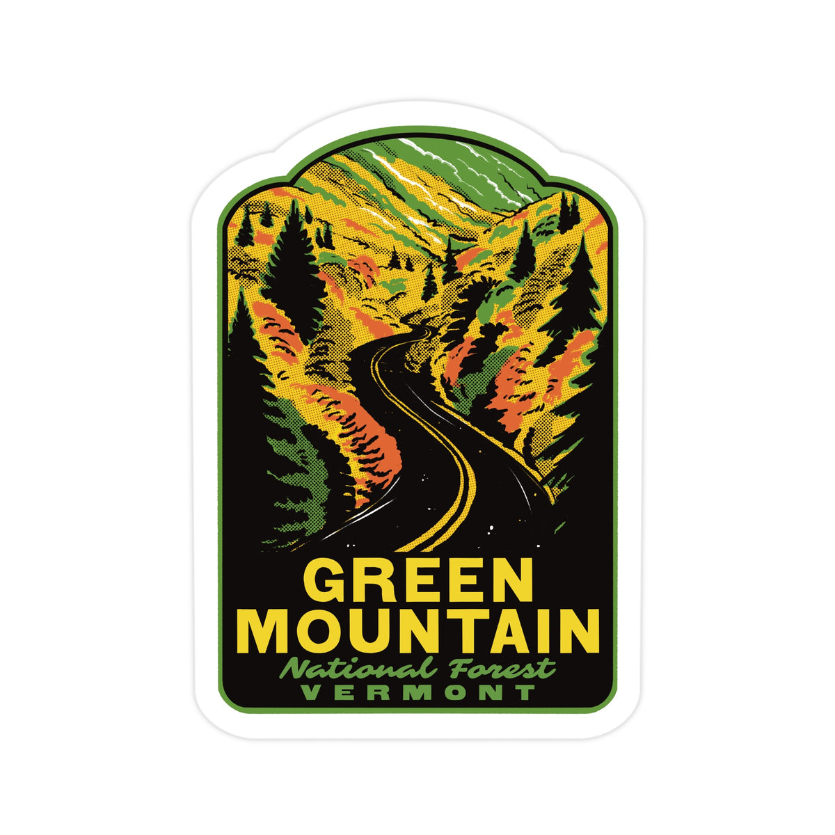 A die-cut sticker featuring a retro-style illustration of a winding road through autumn-colored mountains, with the text 'GREEN MOUNTAIN National Forest VERMONT' on a black background.